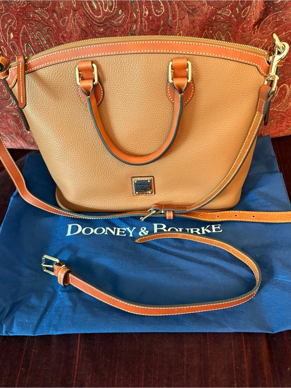 Dooney & Bourke Tan Pebble Leather Domed Satchel with Cognac Trim